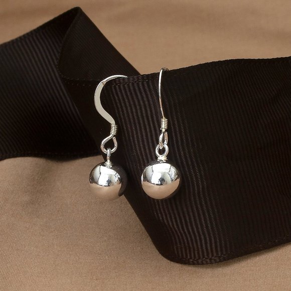 925 Sterling Silver Hook Earrings with Dangle Balls, Simple Classical Earrings - Picture 2 of 5